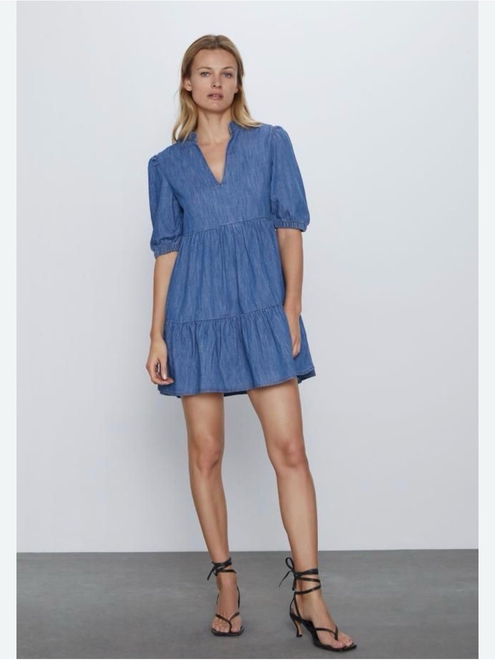 Zara denim Blue Tiered V-Neck Mini Dress M